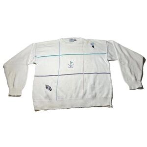 Vintage Cape Isle Knitters Sweater Mens Large Golf Embroidered White-FEW STAINS